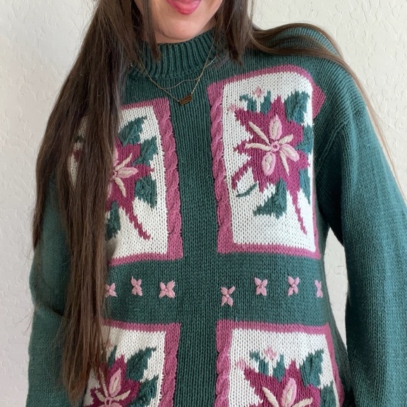 Vintage Emerald Green Pink Floral Knit Grandma Sweater - Picture 1 of 7
